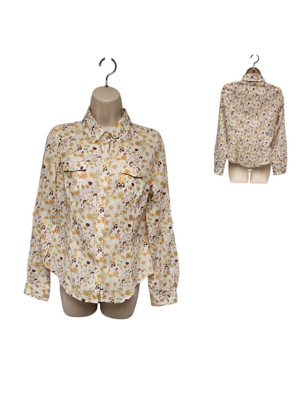 Old Navy Button Down Roll-Tab Long Sleeve Multi Cream Floral Shirt Blouse M